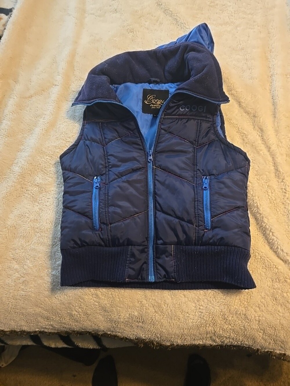 COOGI Navy Quilted Hooded Vest with Light Blue Accents